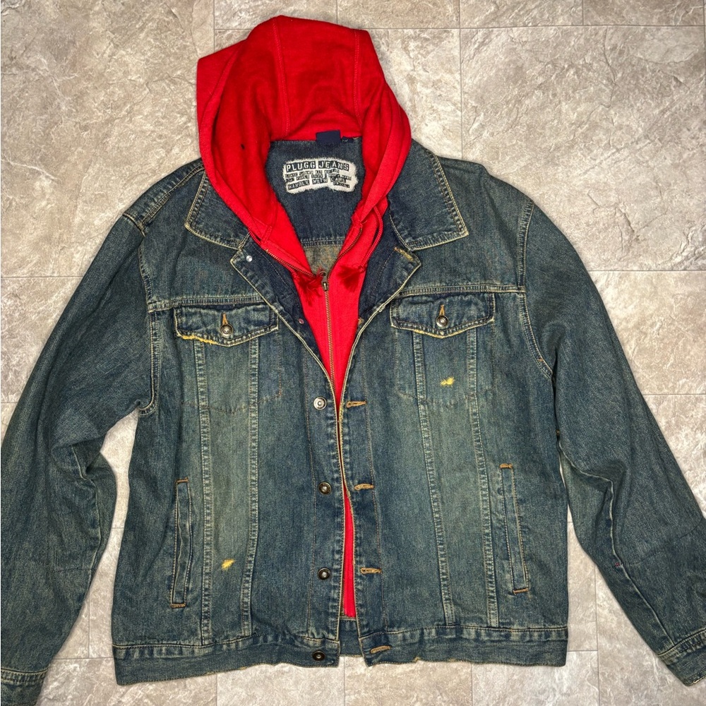 Stylish Denim Jacket with Red Hoodie
